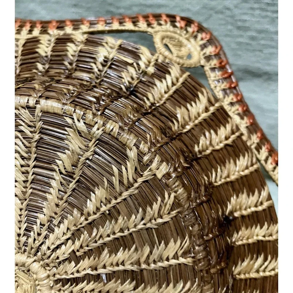 Vtg Coiled Pine Needle Basket 6 Sided Sunburst Scalloped Hexagonal Rim 3 Tone